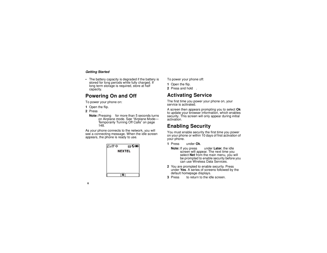 Motorola i670 manual Powering On and Off, Activating Service, Enabling Security 