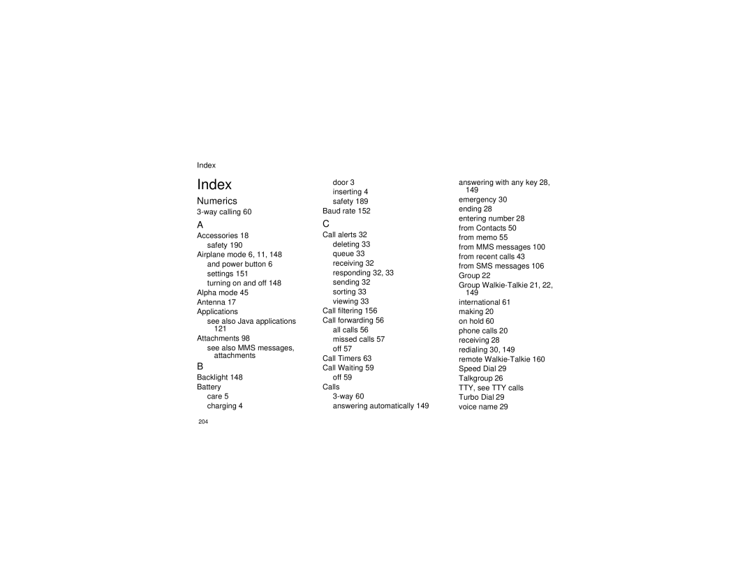 Motorola i670 manual Index, Numerics, 149 