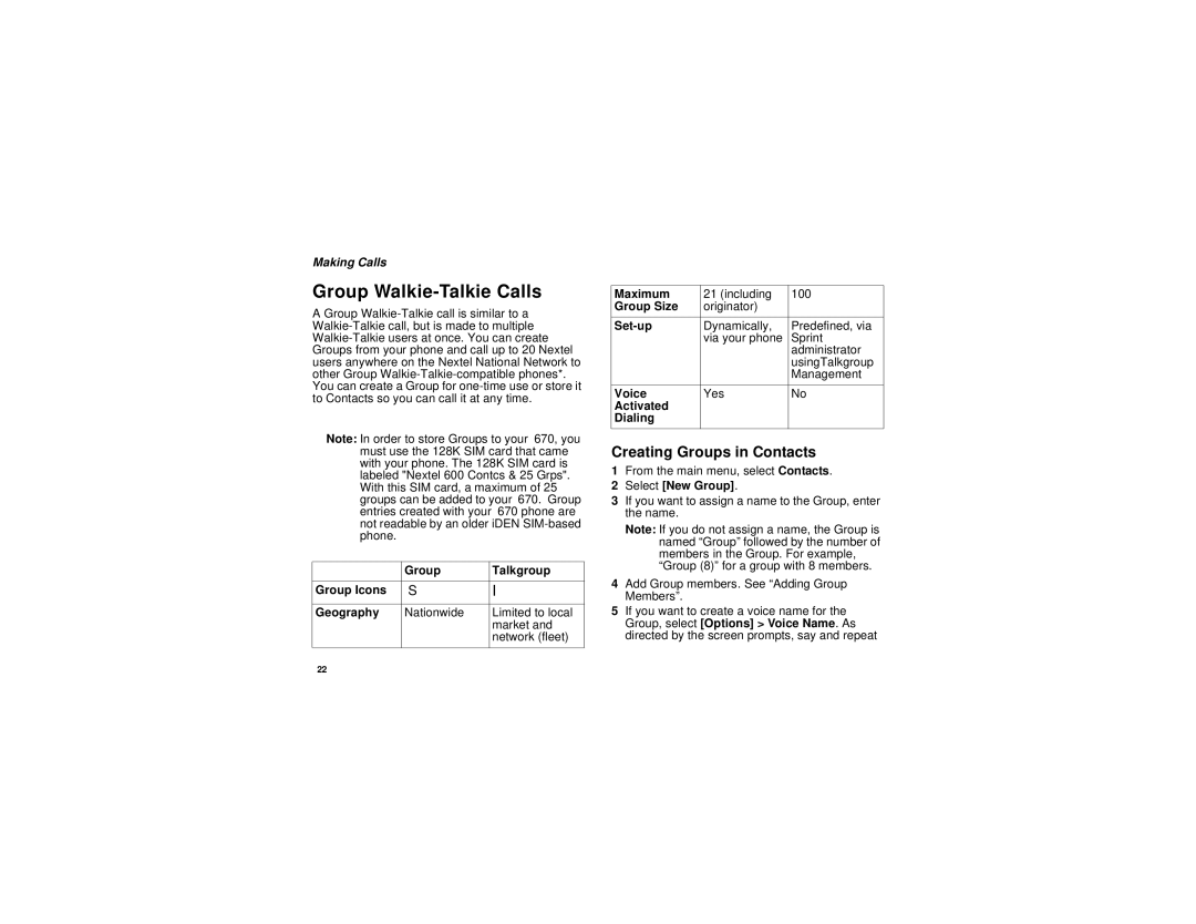 Motorola i670 manual Group Walkie-Talkie Calls, Creating Groups in Contacts, Making Calls 