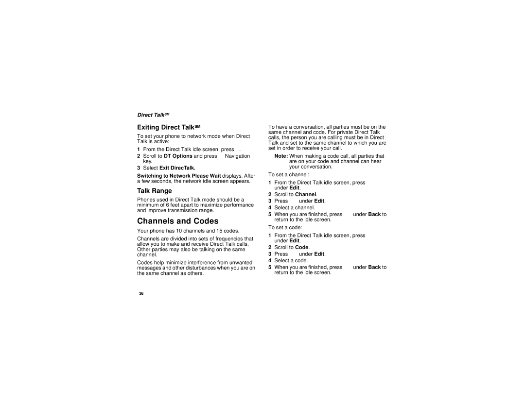 Motorola i670 manual Channels and Codes, Exiting Direct TalkSM, Talk Range, Select Exit DirecTalk 