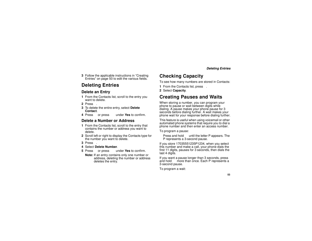 Motorola i670 Deleting Entries, Checking Capacity, Creating Pauses and Waits, Delete an Entry, Delete a Number or Address 