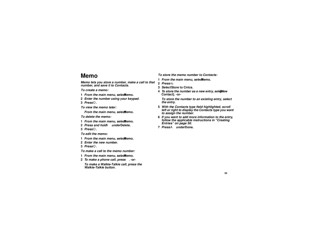 Motorola i670 manual Memo, Select Store to Cntcs 