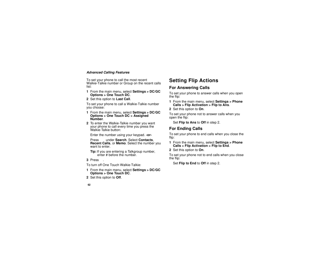 Motorola i670 manual Setting Flip Actions, For Answering Calls, For Ending Calls, Options One Touch DC Assigned Number 