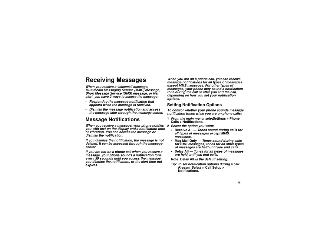 Motorola i670 manual Receiving Messages, Message Notifications, Setting Notification Options 