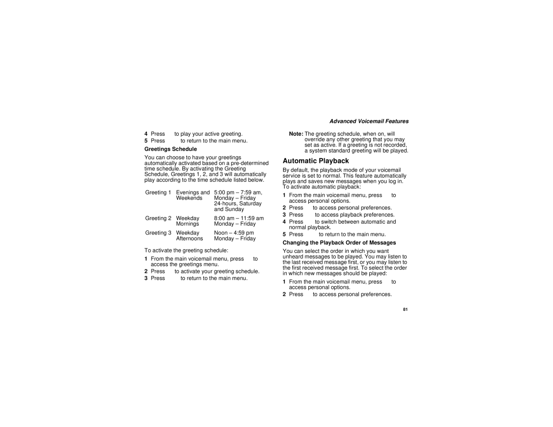 Motorola i670 Automatic Playback, Greetings Schedule, Advanced Voicemail Features, Changing the Playback Order of Messages 