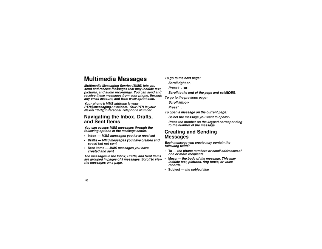 Motorola i670 manual Multimedia Messages, Navigating the Inbox, Drafts, and Sent Items, Creating and Sending Messages 