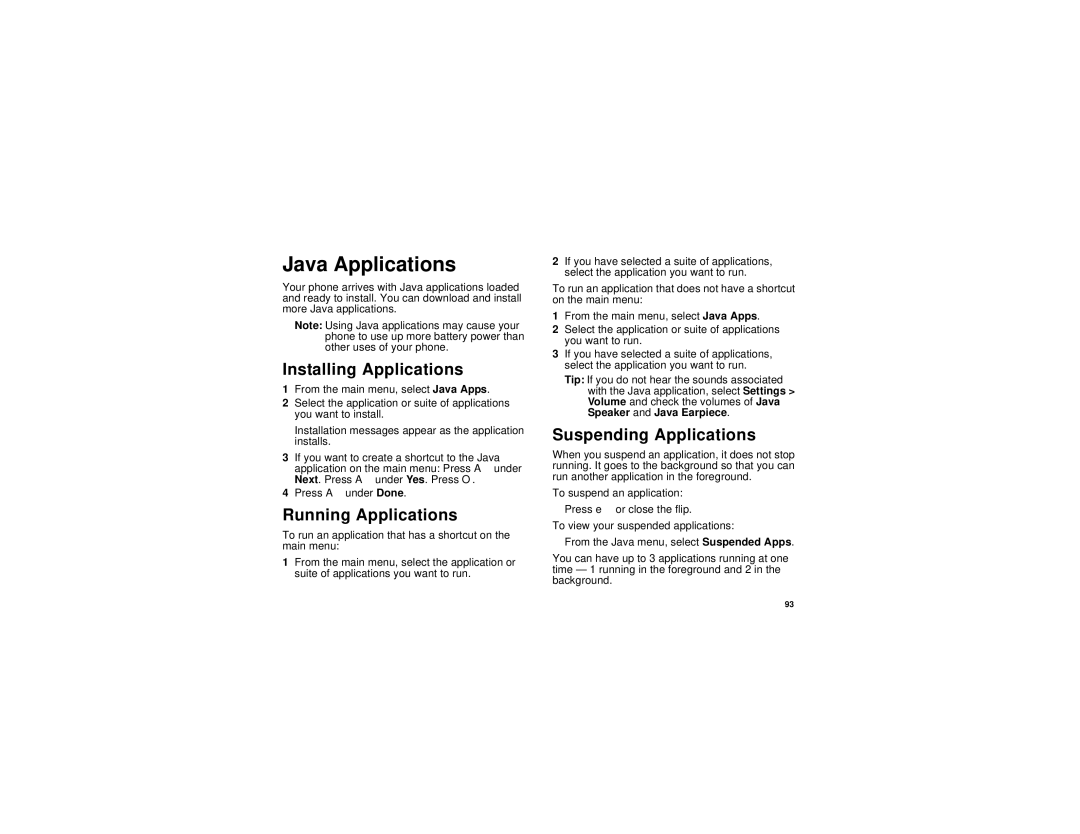 Motorola i670 manual Java Applications, Installing Applications, Running Applications, Suspending Applications 