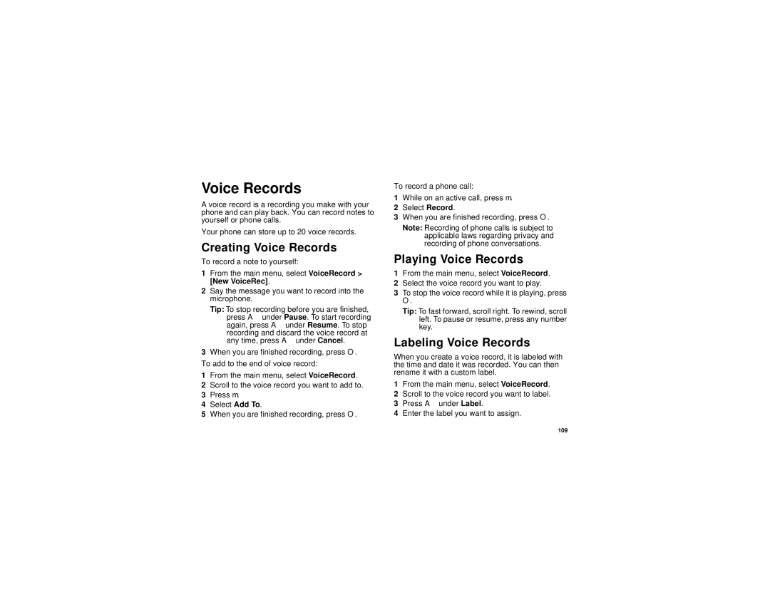 Motorola i670 manual Creating Voice Records, Playing Voice Records, Labeling Voice Records 