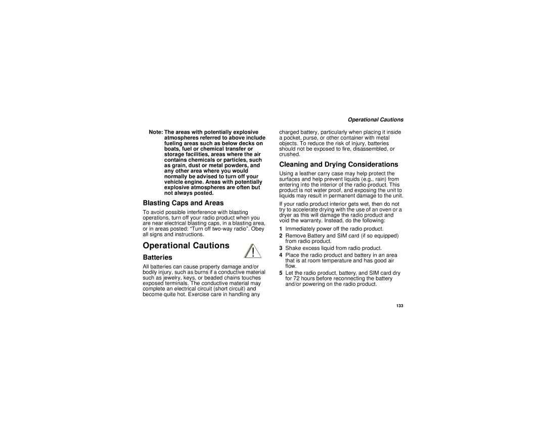 Motorola i670 manual Operational Cautions, Blasting Caps and Areas, Batteries, Cleaning and Drying Considerations 