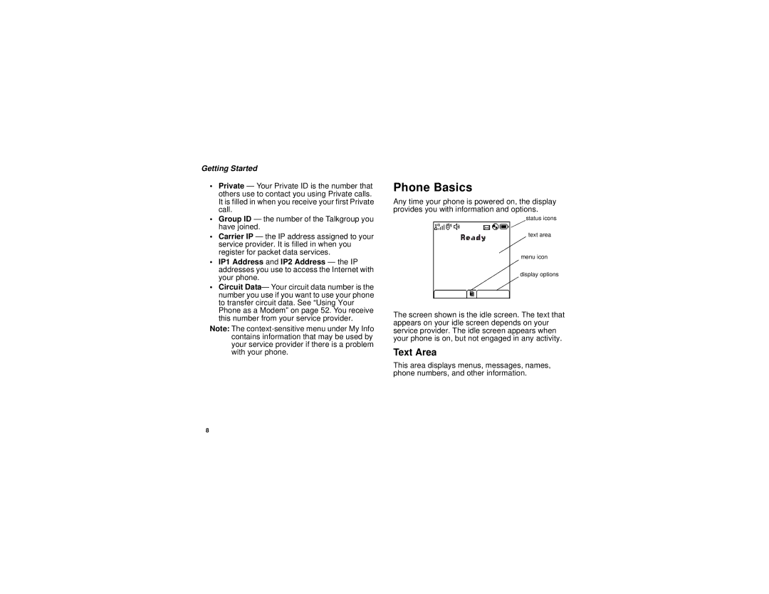 Motorola i670 manual Phone Basics, Text Area 