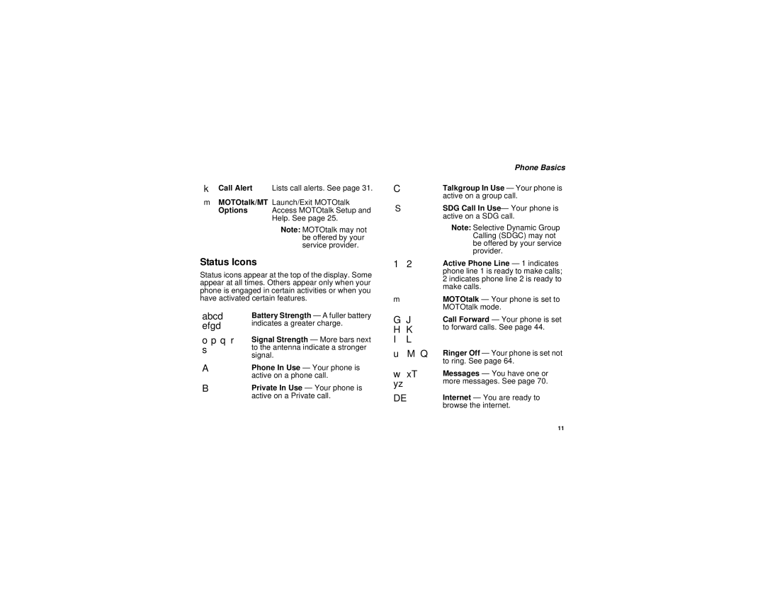 Motorola i670 manual Status Icons, OpqrSignal Strength More bars next 