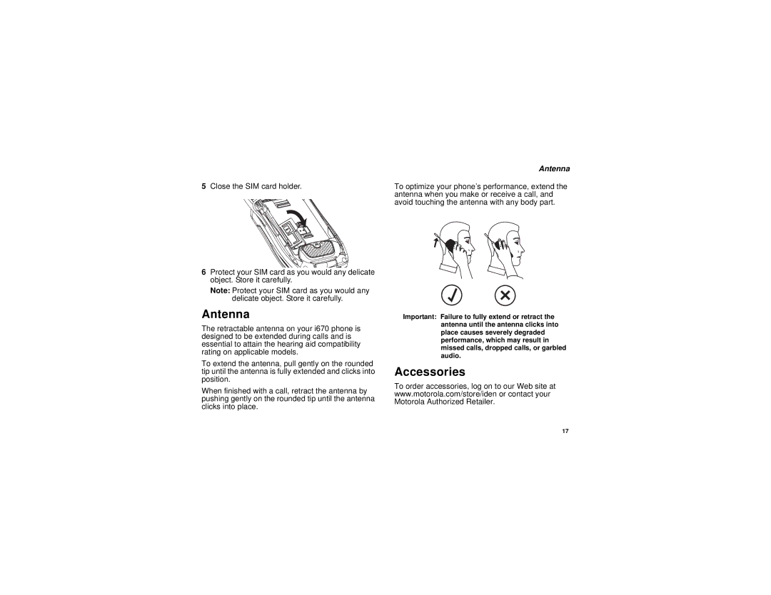 Motorola i670 manual Antenna, Accessories 