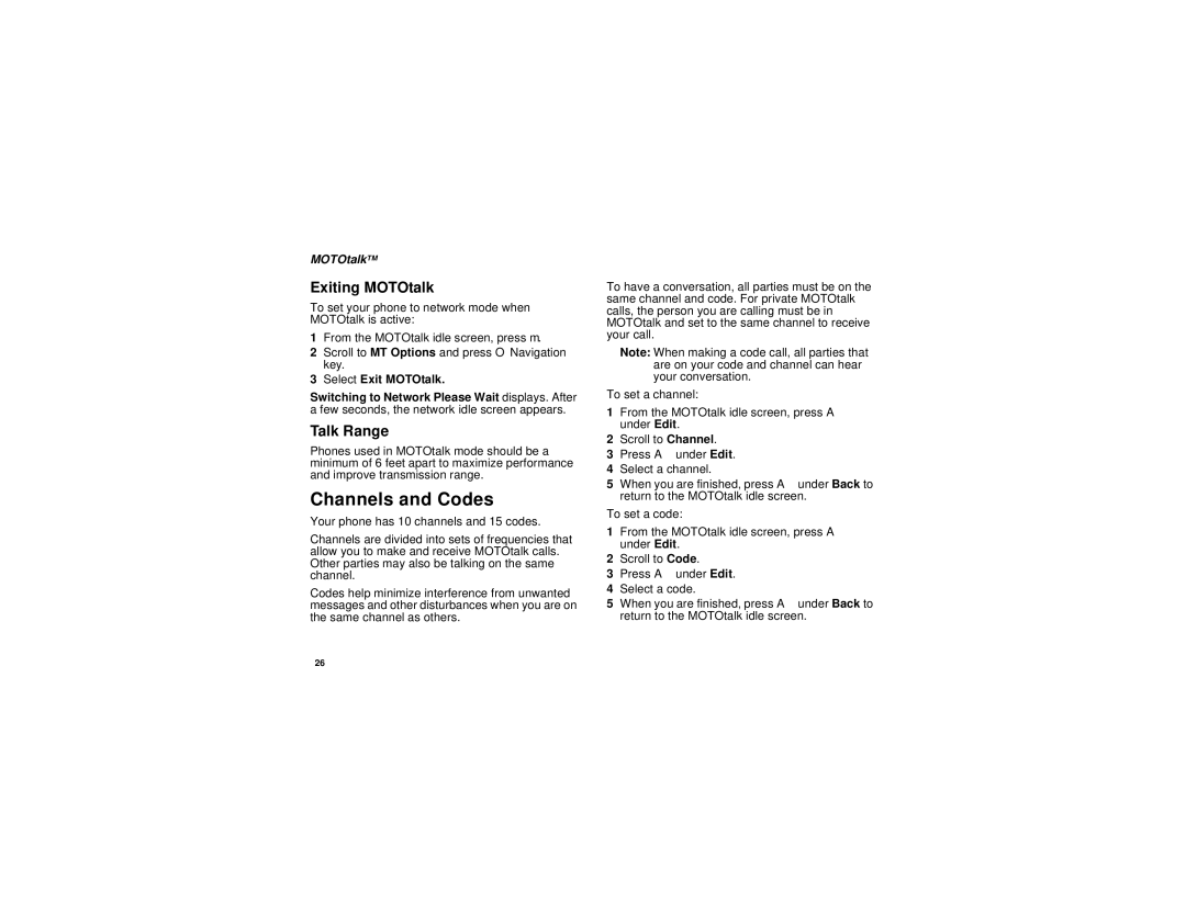 Motorola i670 manual Channels and Codes, Exiting MOTOtalk, Talk Range, MOTOtalkTM, Select Exit MOTOtalk 