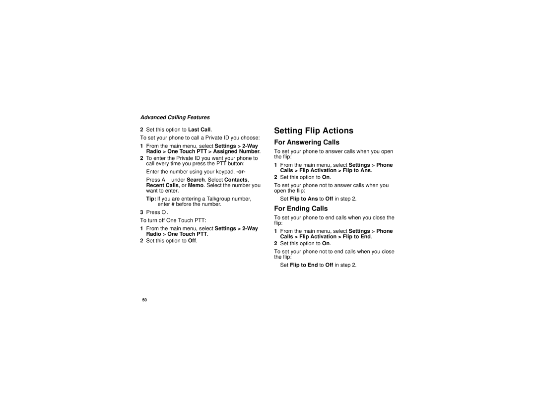 Motorola i670 manual Setting Flip Actions, For Answering Calls, For Ending Calls 