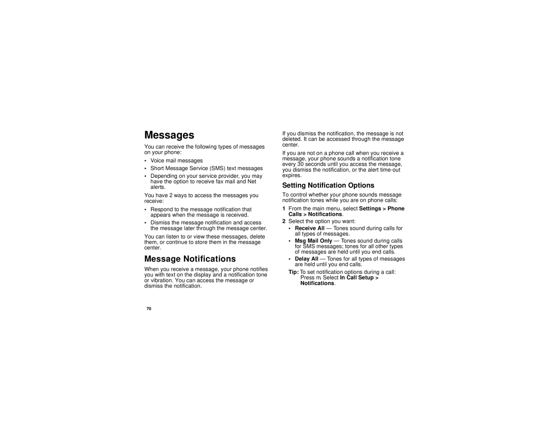 Motorola i670 manual Messages, Message Notifications, Setting Notification Options 