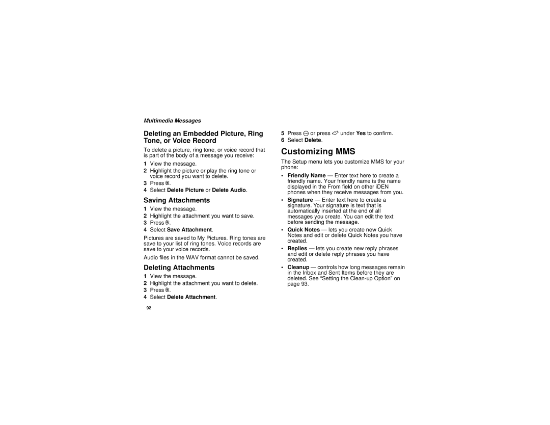 Motorola i690 manual Customizing MMS, Deleting an Embedded Picture, Ring Tone, or Voice Record, Saving Attachments 