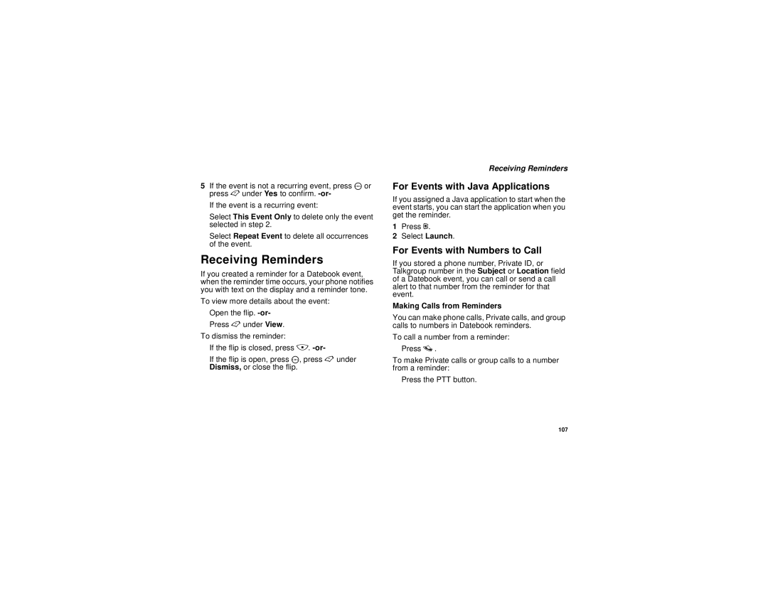 Motorola i690 manual Receiving Reminders, For Events with Java Applications, For Events with Numbers to Call 