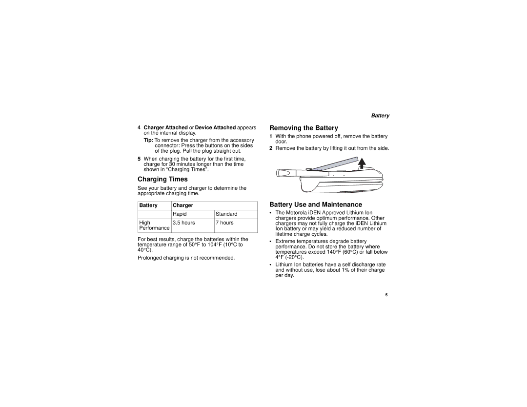 Motorola i690 manual Charging Times, Removing the Battery, Battery Use and Maintenance, Battery Charger 