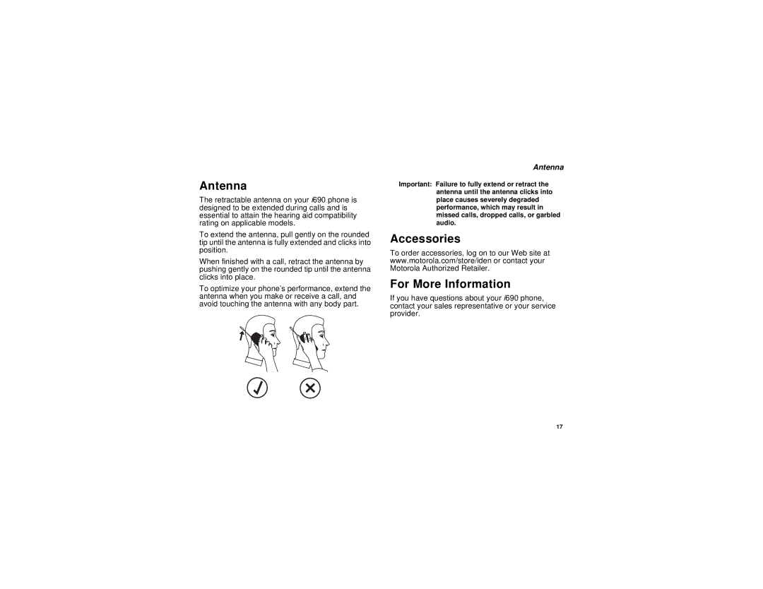 Motorola i690 manual Antenna, Accessories For More Information 