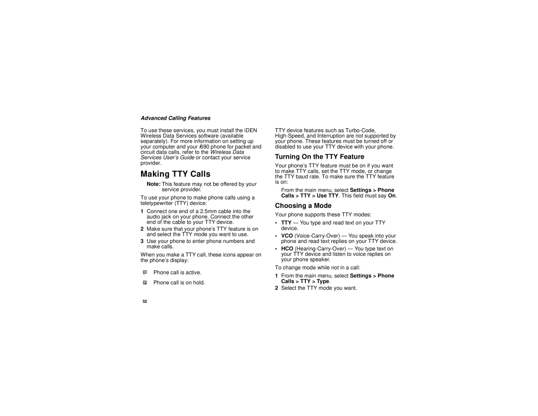 Motorola i690 Making TTY Calls, Turning On the TTY Feature, Choosing a Mode, Calls TTY Use TTY. This field must say On 