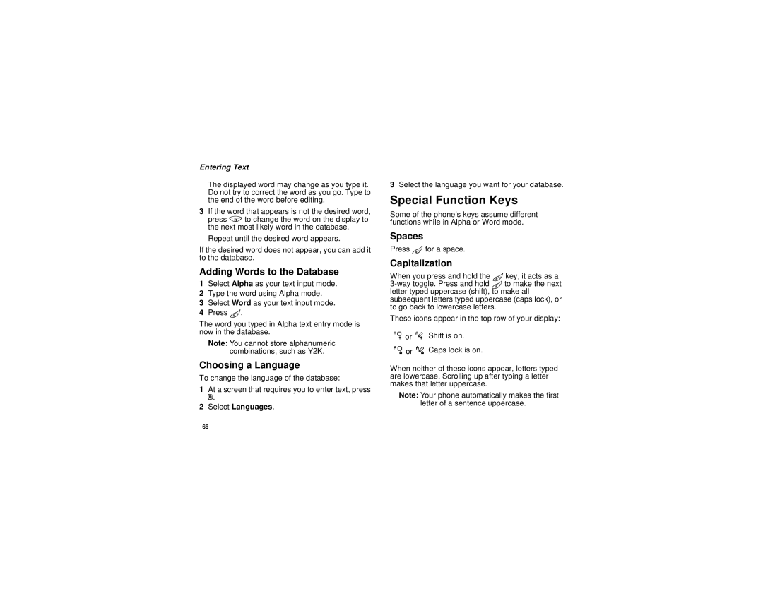 Motorola i690 manual Special Function Keys, Adding Words to the Database, Choosing a Language, Spaces, Capitalization 