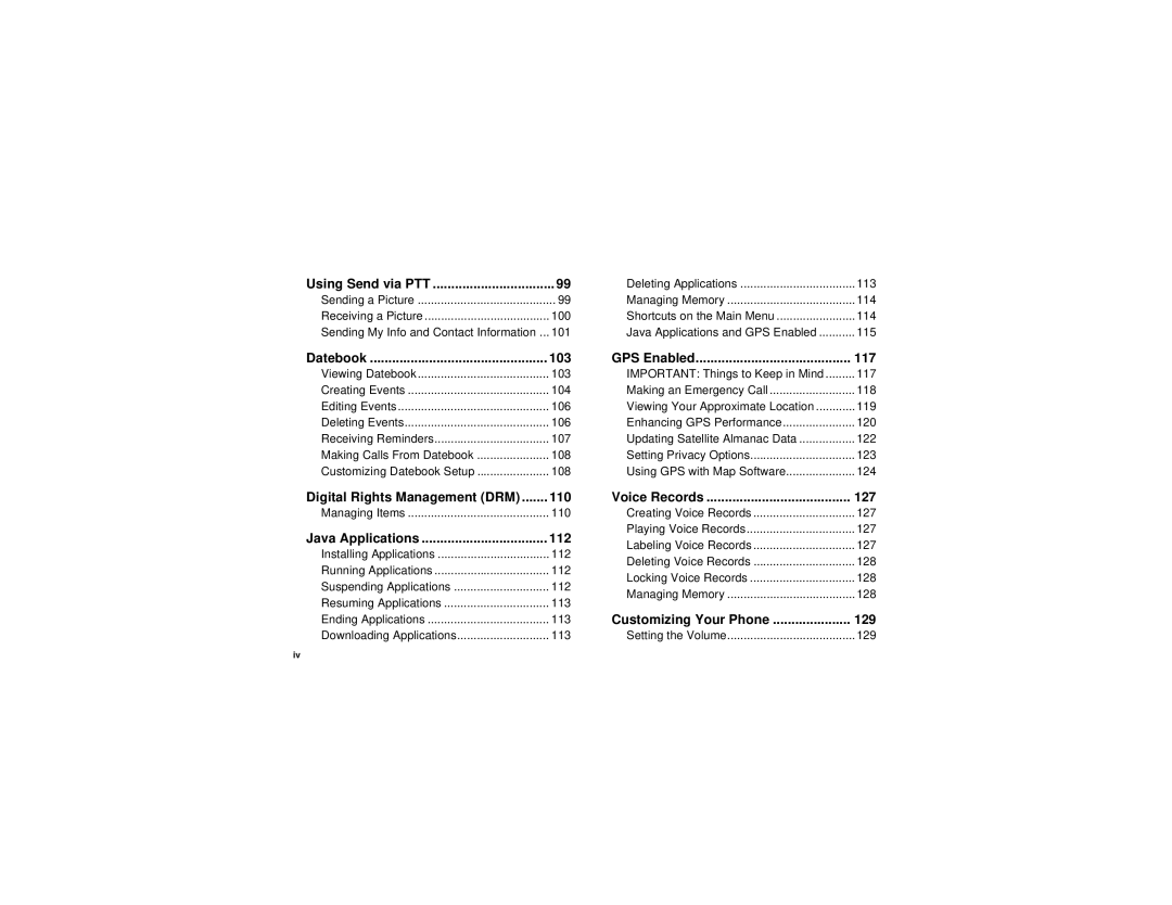 Motorola i690 manual 103, 117, 110, 127, 112, 129 