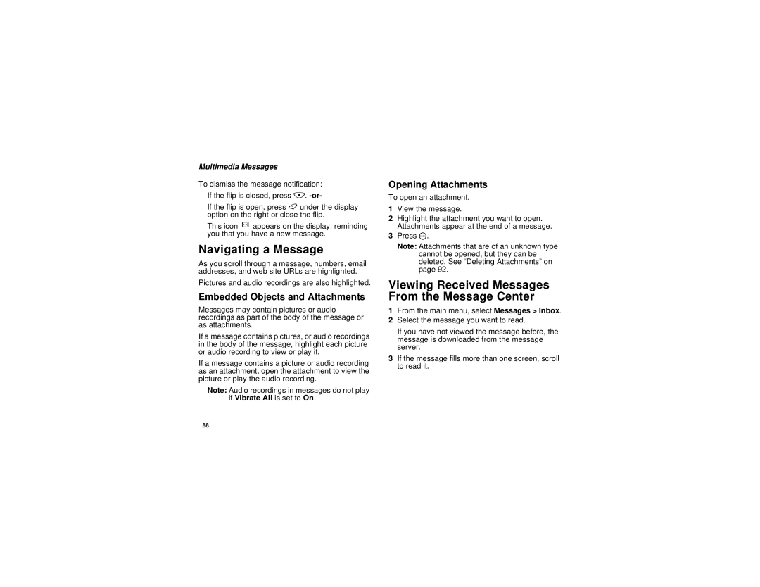 Motorola i690 Navigating a Message, Viewing Received Messages From the Message Center, Embedded Objects and Attachments 