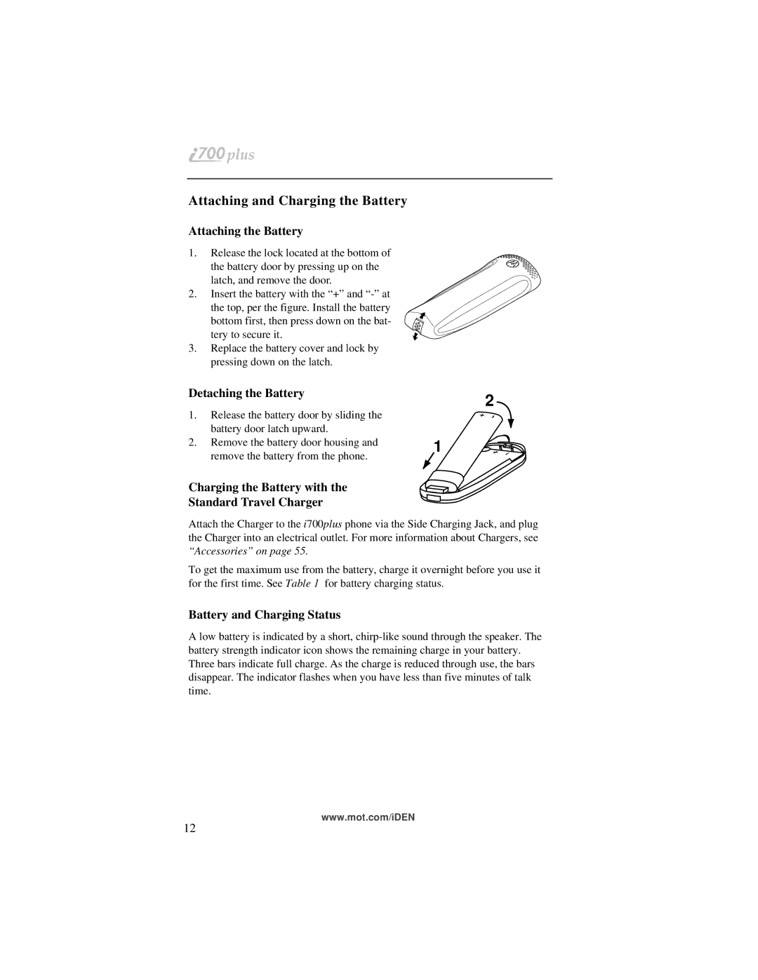 Motorola i700plus manual Attaching and Charging the Battery, Attaching the Battery, Detaching the Battery 