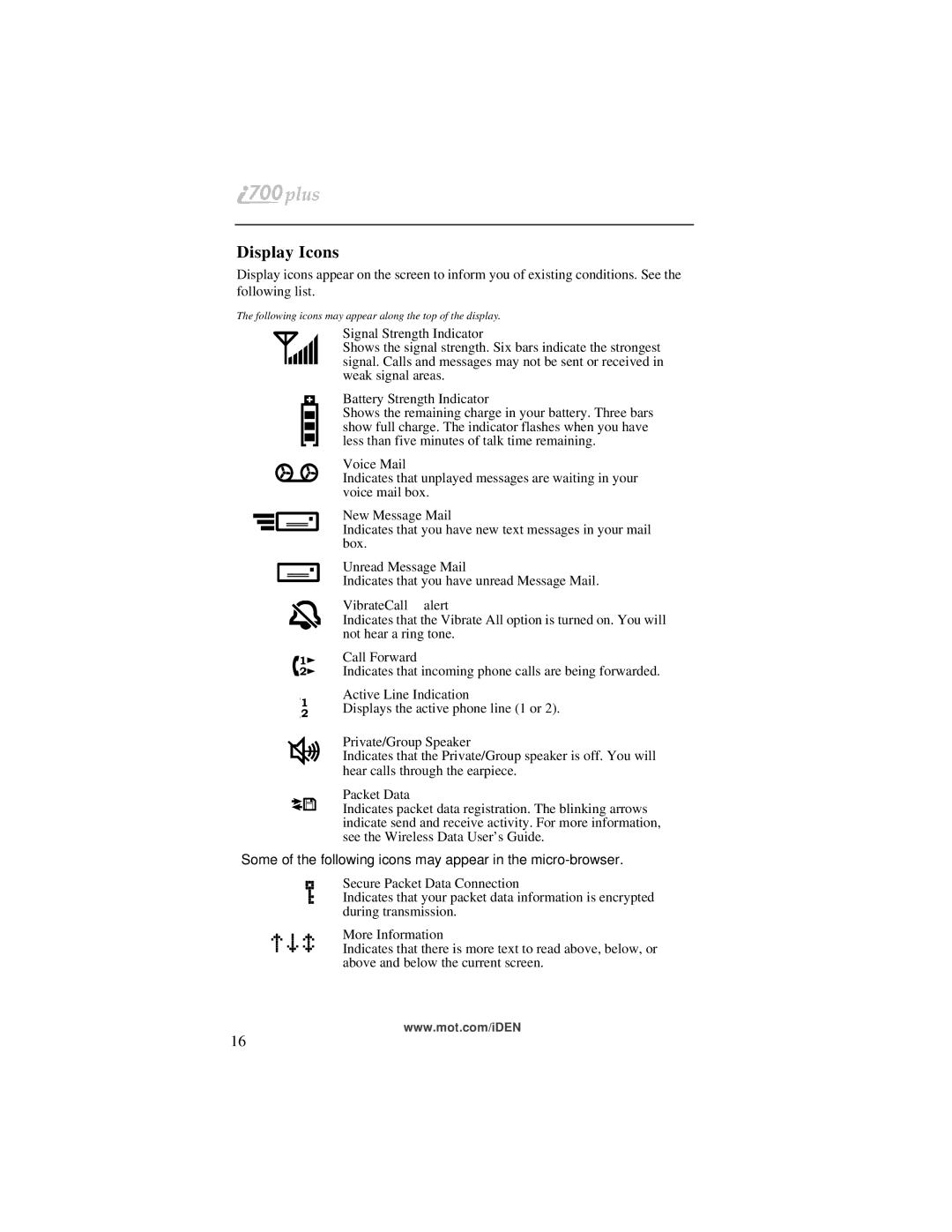 Motorola i700plus manual Display Icons, Some of the following icons may appear in the micro-browser 