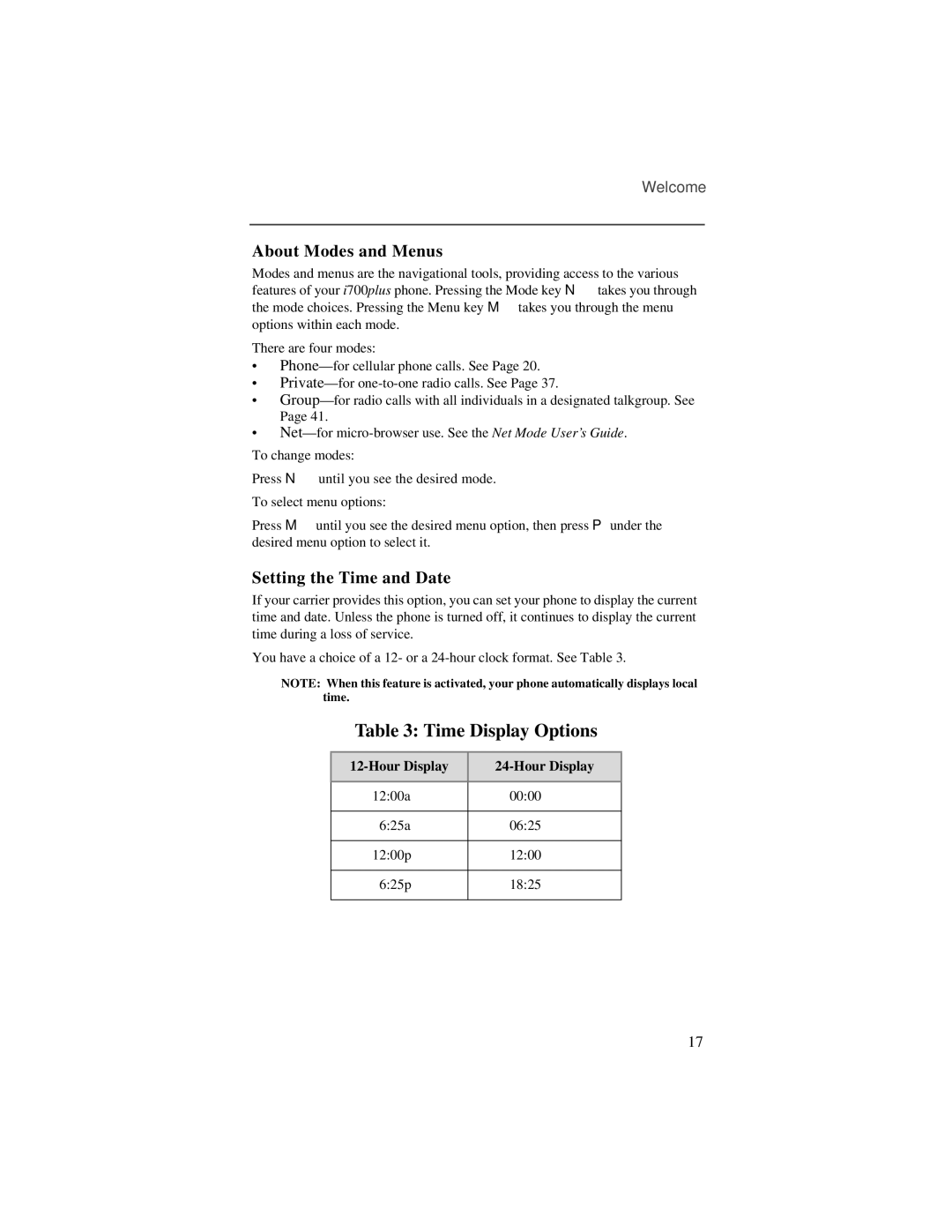 Motorola i700plus manual About Modes and Menus, Setting the Time and Date 