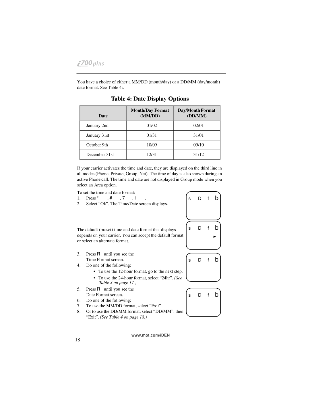 Motorola i700plus manual Date Display Options 