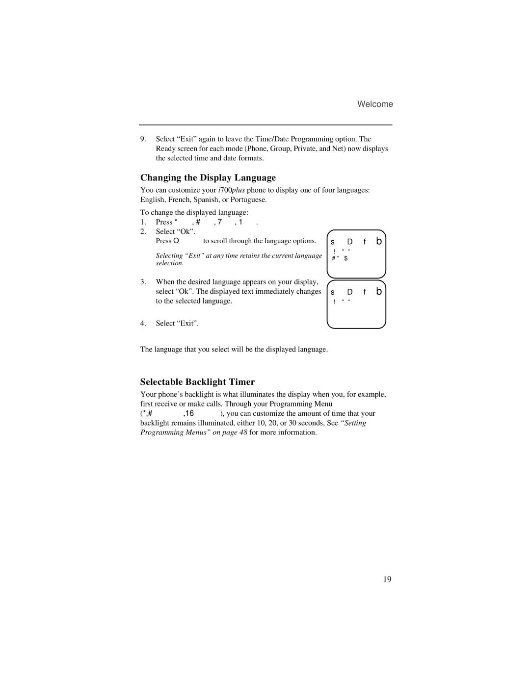 Motorola i700plus manual Changing the Display Language, Selectable Backlight Timer 