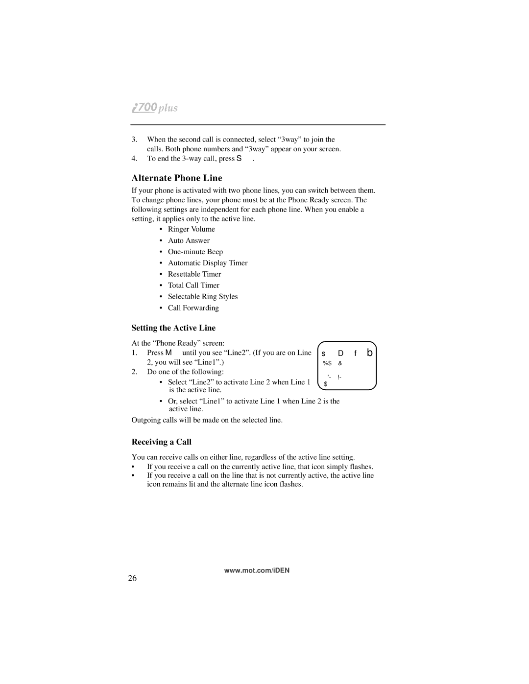 Motorola i700plus manual Alternate Phone Line, Setting the Active Line, Receiving a Call 