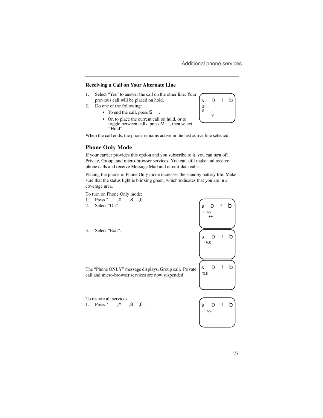 Motorola i700plus manual Phone Only Mode, Receiving a Call on Your Alternate Line 