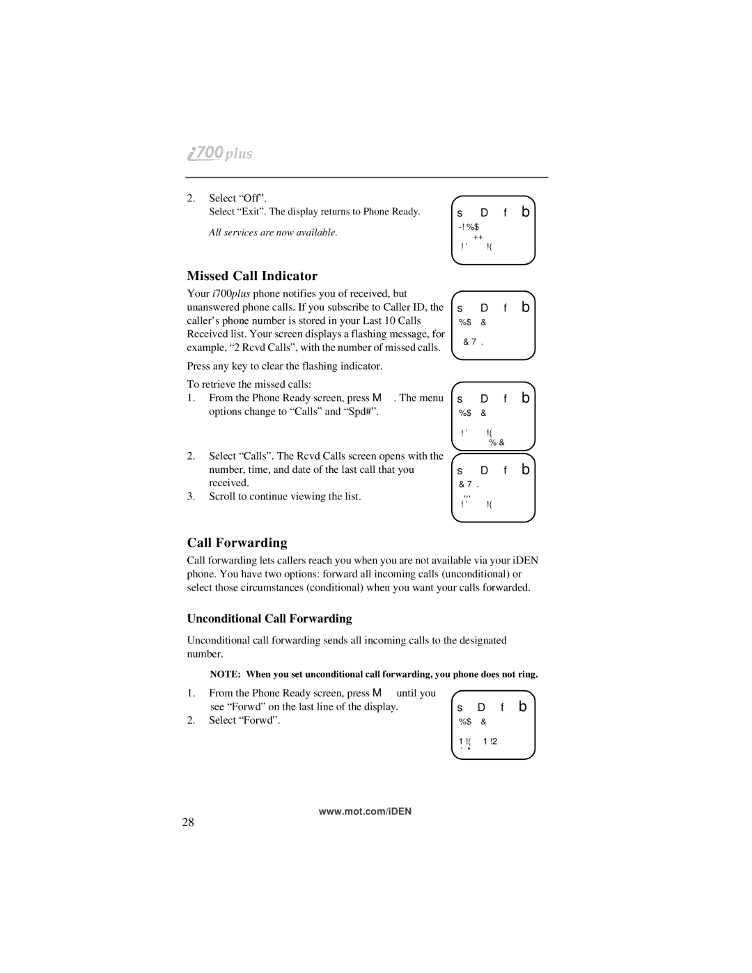 Motorola i700plus manual Missed Call Indicator, Unconditional Call Forwarding 