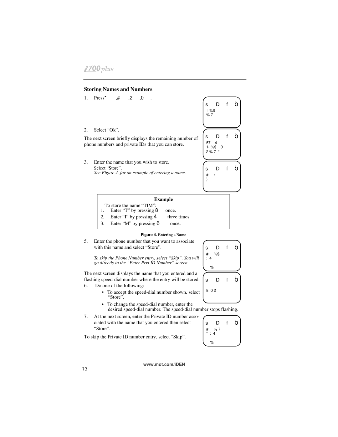 Motorola i700plus manual Storing Names and Numbers, Example 