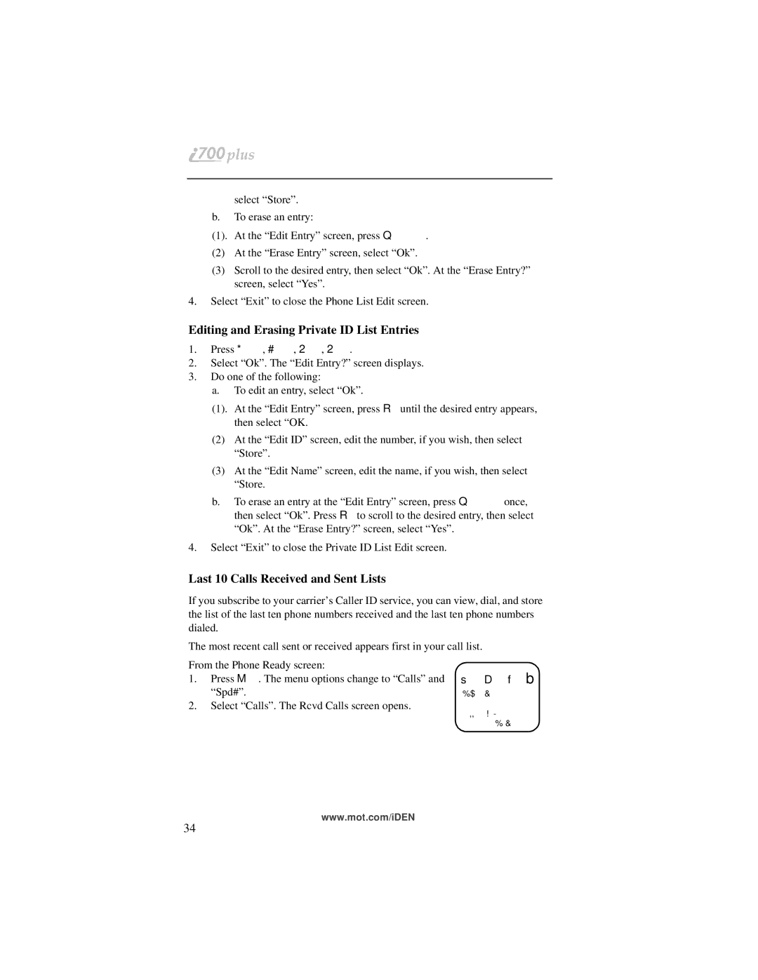 Motorola i700plus manual Editing and Erasing Private ID List Entries, Last 10 Calls Received and Sent Lists 