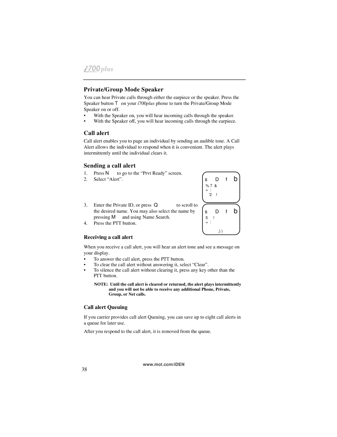 Motorola i700plus manual Private/Group Mode Speaker, Sending a call alert, Receiving a call alert, Call alert Queuing 