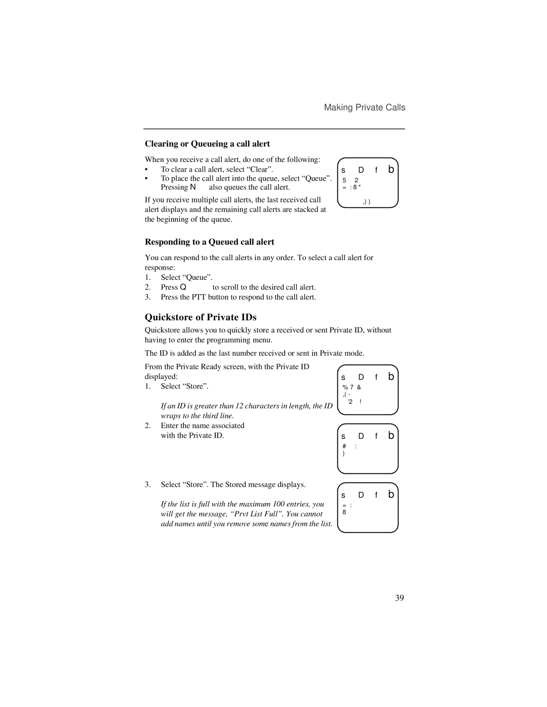 Motorola i700plus manual Quickstore of Private IDs, Clearing or Queueing a call alert, Responding to a Queued call alert 