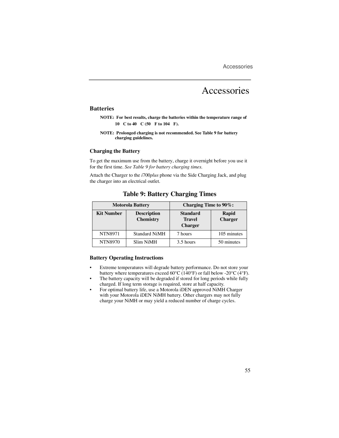 Motorola i700plus manual Accessories, Batteries, Charging the Battery, Battery Operating Instructions 