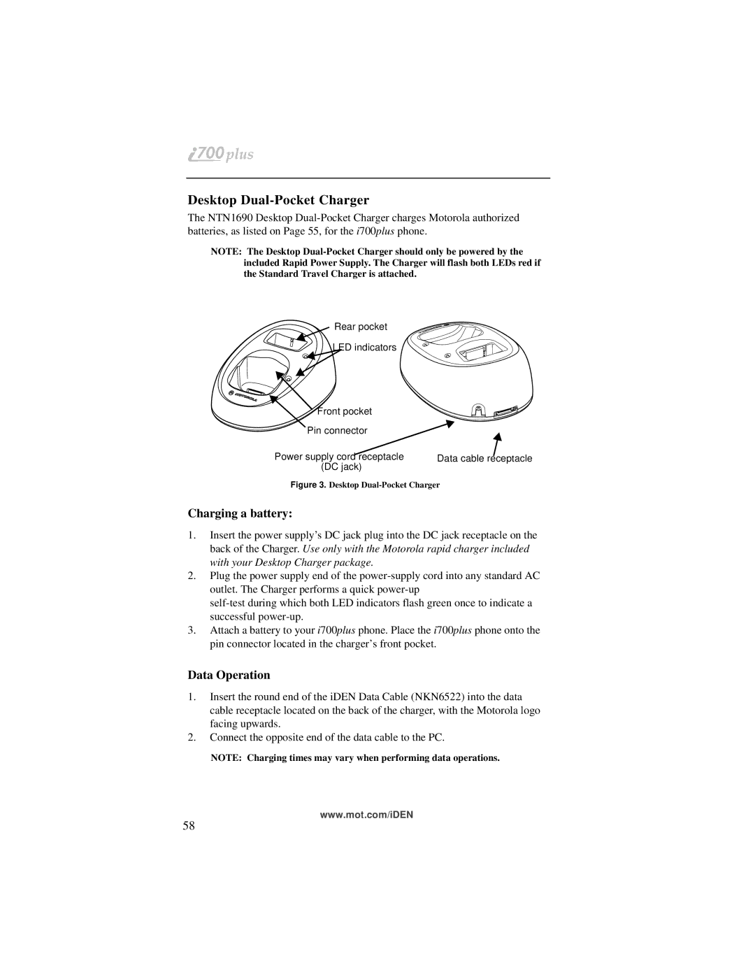 Motorola i700plus manual Desktop Dual-Pocket Charger, Charging a battery, Data Operation 