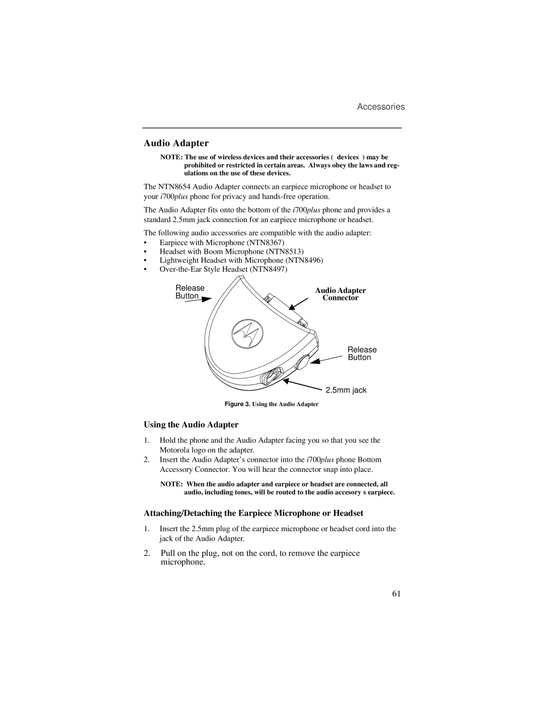 Motorola i700plus manual Using the Audio Adapter, Attaching/Detaching the Earpiece Microphone or Headset 