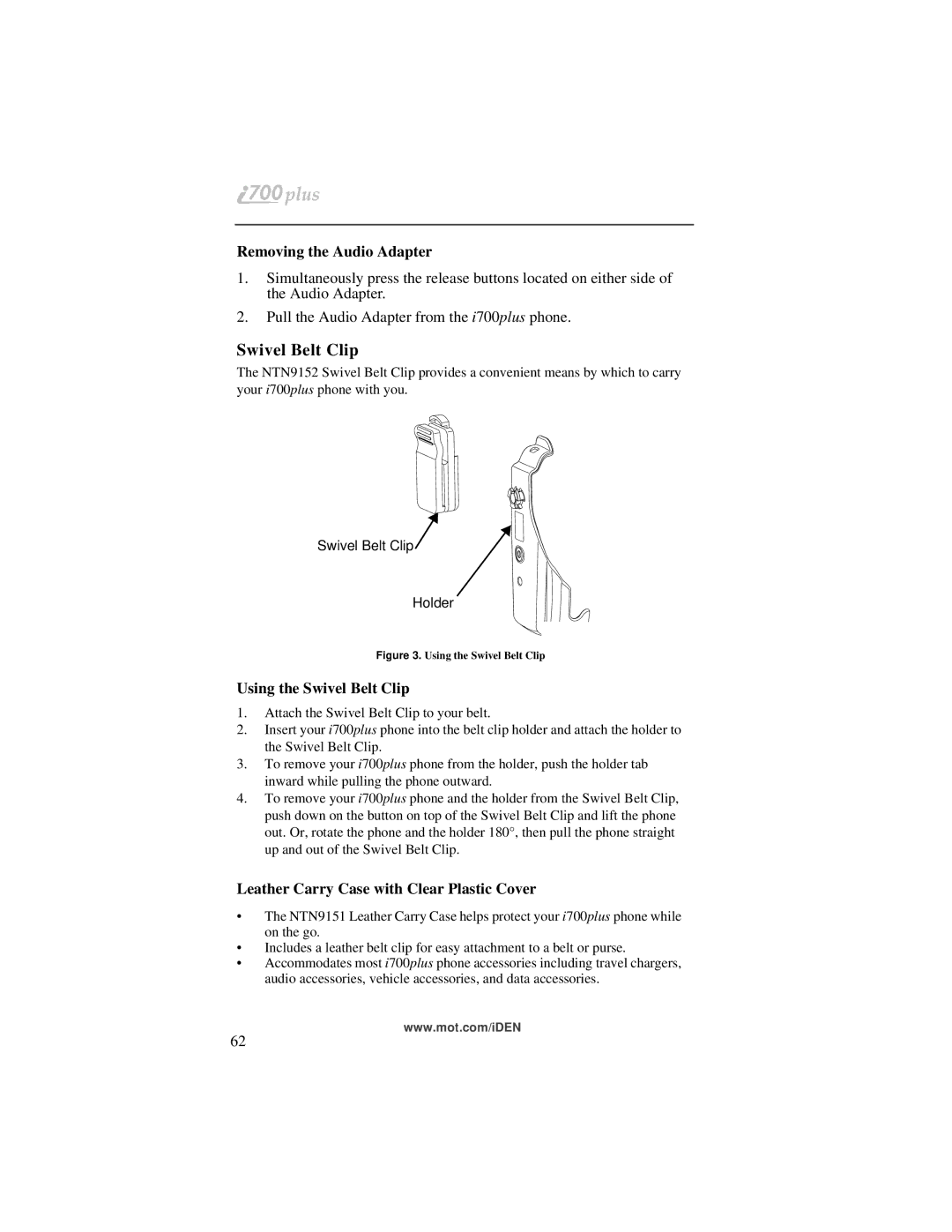 Motorola i700plus Removing the Audio Adapter, Using the Swivel Belt Clip, Leather Carry Case with Clear Plastic Cover 