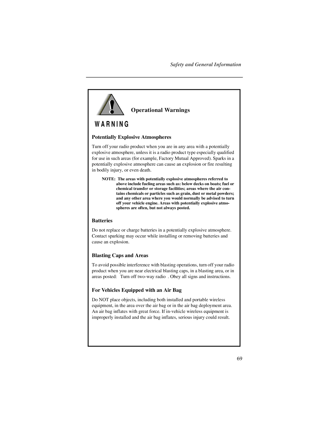 Motorola i700plus manual Operational Warnings, Potentially Explosive Atmospheres, Batteries, Blasting Caps and Areas 