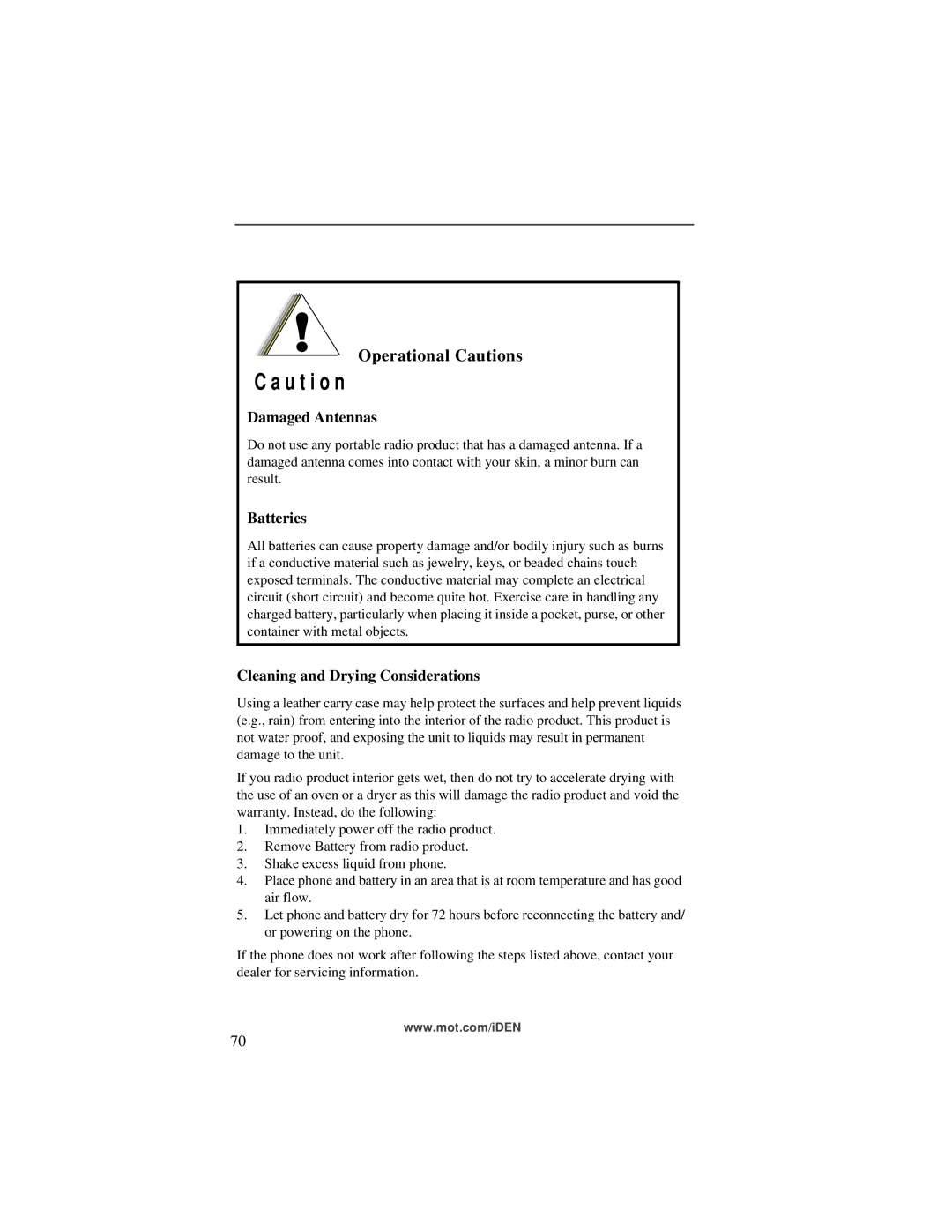 Motorola i700plus manual Operational Cautions, Damaged Antennas, Cleaning and Drying Considerations 