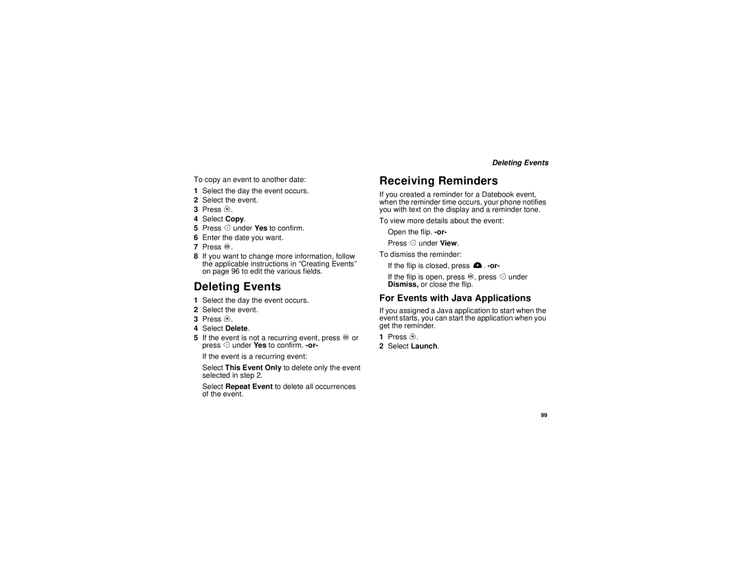 Motorola i710 manual Deleting Events, Receiving Reminders, For Events with Java Applications 