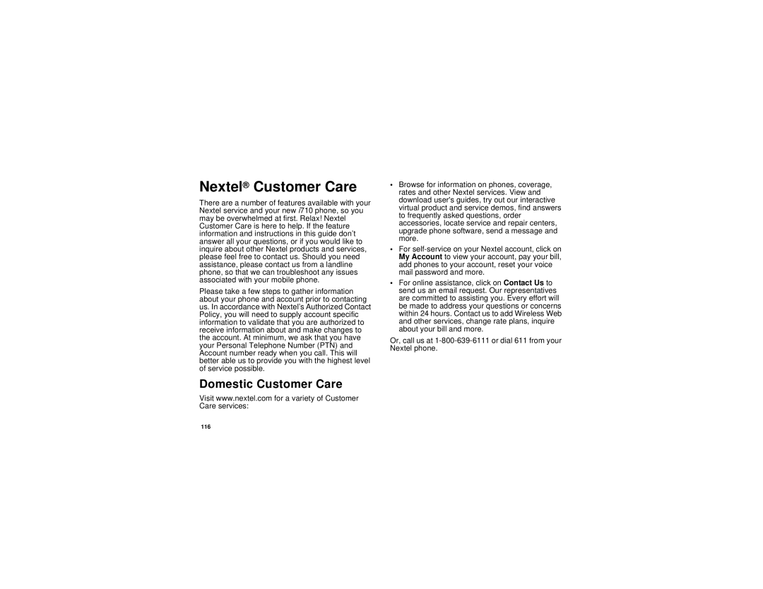 Motorola i710 manual Nextel Customer Care, Domestic Customer Care 