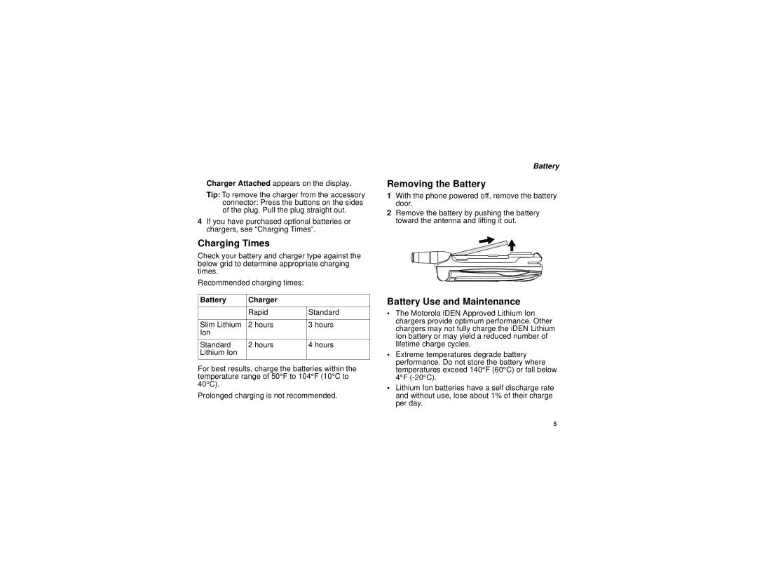 Motorola i710 manual Charging Times, Removing the Battery, Battery Use and Maintenance, Battery Charger 