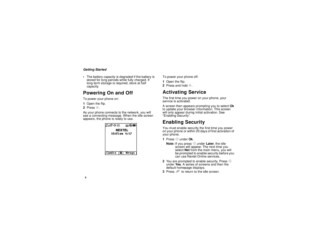 Motorola i710 manual Powering On and Off, Activating Service, Enabling Security 