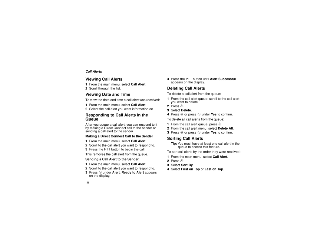 Motorola i710 Viewing Call Alerts, Viewing Date and Time, Responding to Call Alerts in the Queue, Deleting Call Alerts 